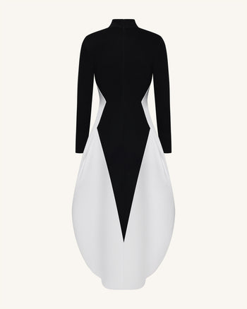 單色拼接長袖長洋裝 - 黑色