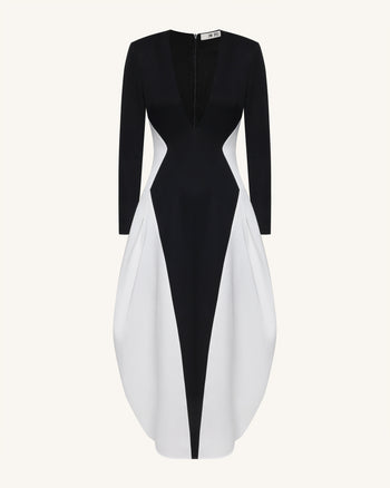 單色拼接深V領長袖長洋裝 - 黑色