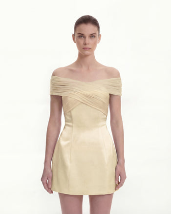 緞面薄紗交叉掛脖迷你裙 - 黃色