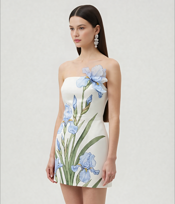 碎花圖案小洋裝 - 白色