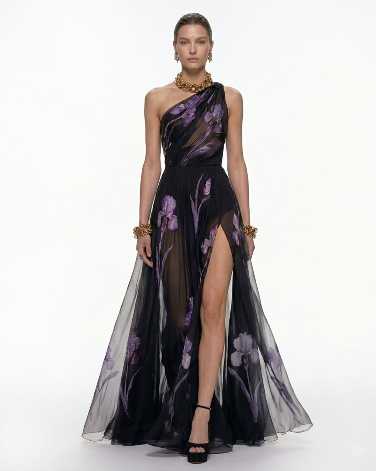 花卉單肩長洋裝 - 黑色