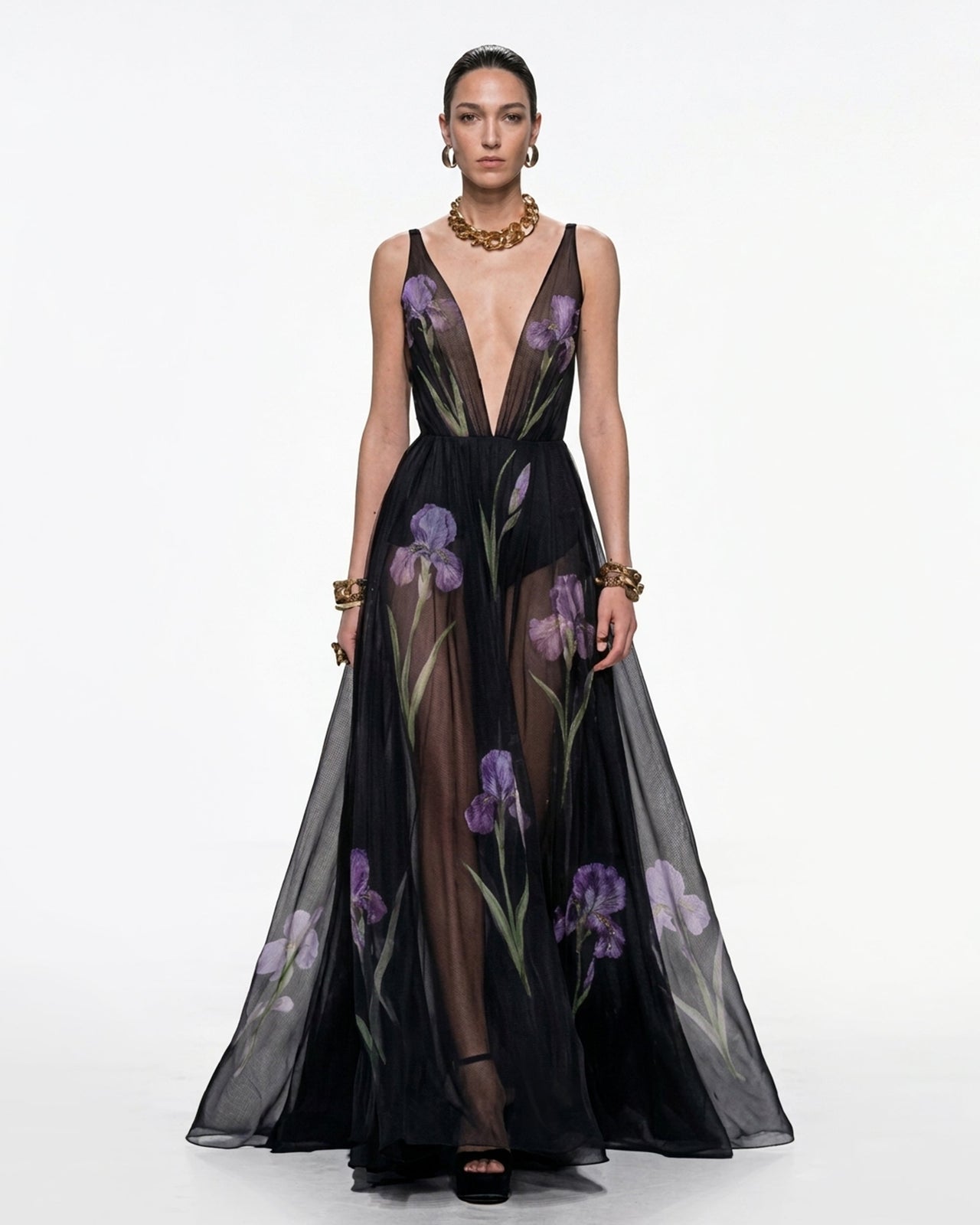 透膚花卉印花長洋裝 - 黑色