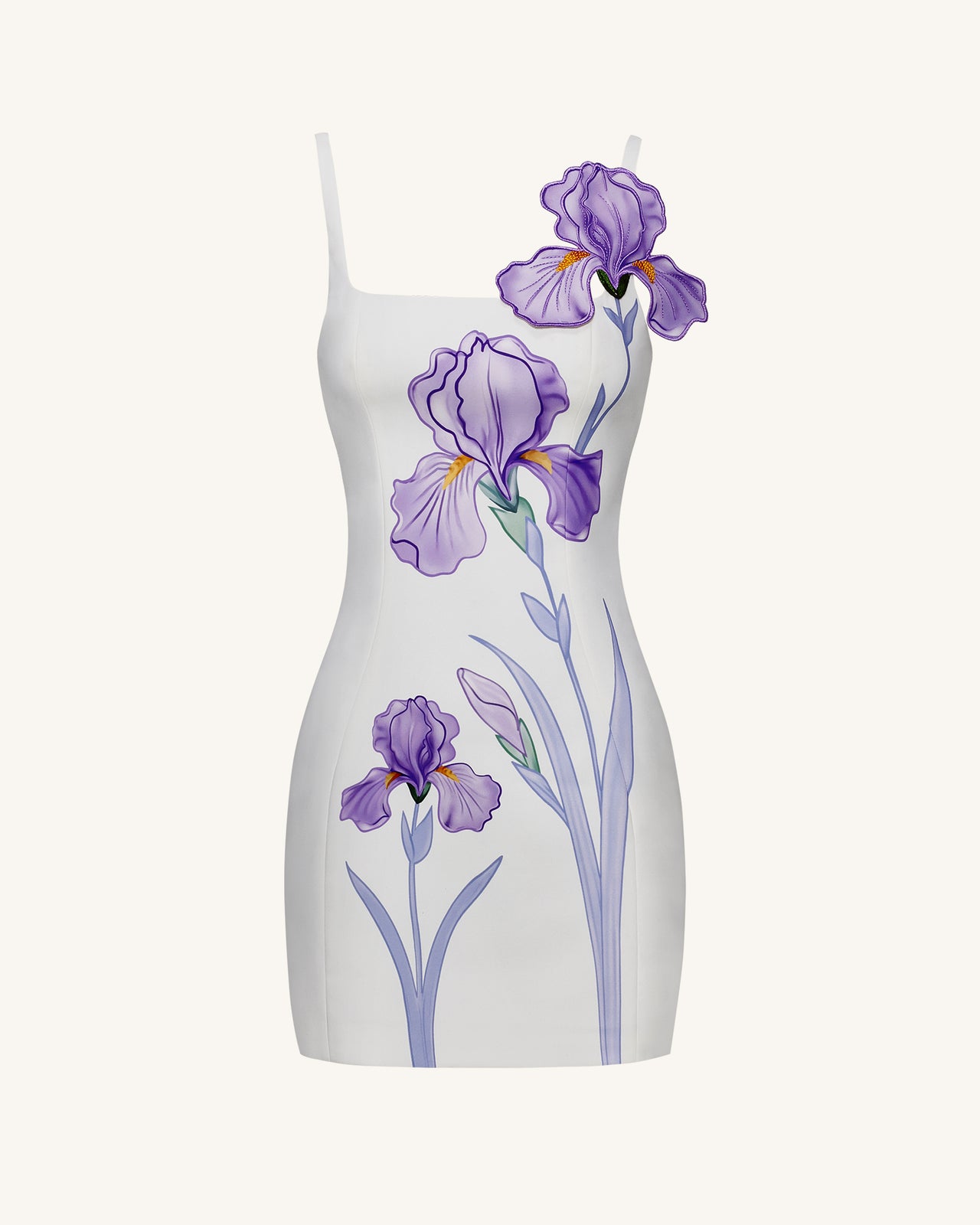 鳶尾花印花細肩帶緊身迷你洋裝 - 白色