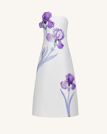 Iris 花卉印花平口A字長洋裝 – 白色