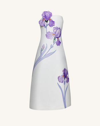 Iris 花卉印花平口A字長洋裝 – 白色