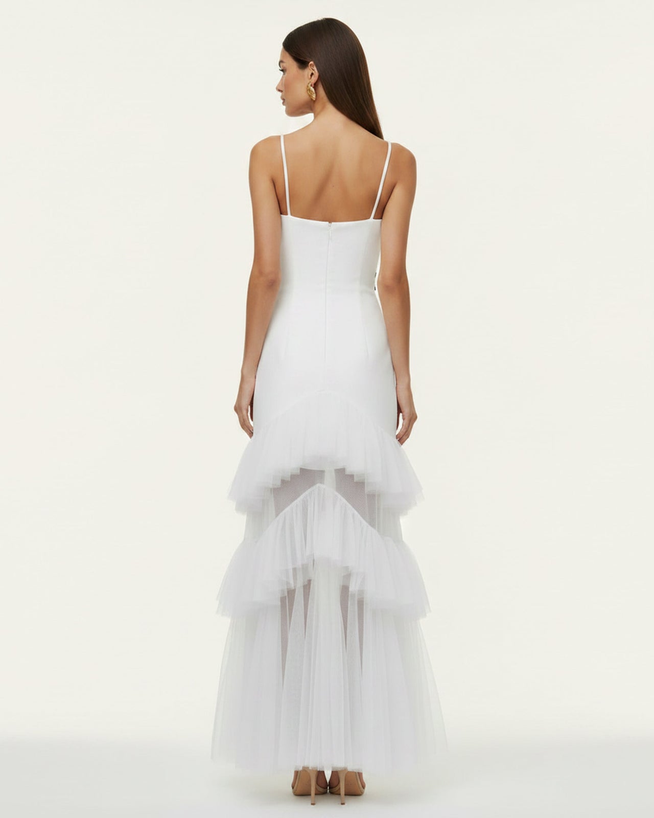 蘭花刺繡荷葉邊網紗平口長洋裝 - 白色