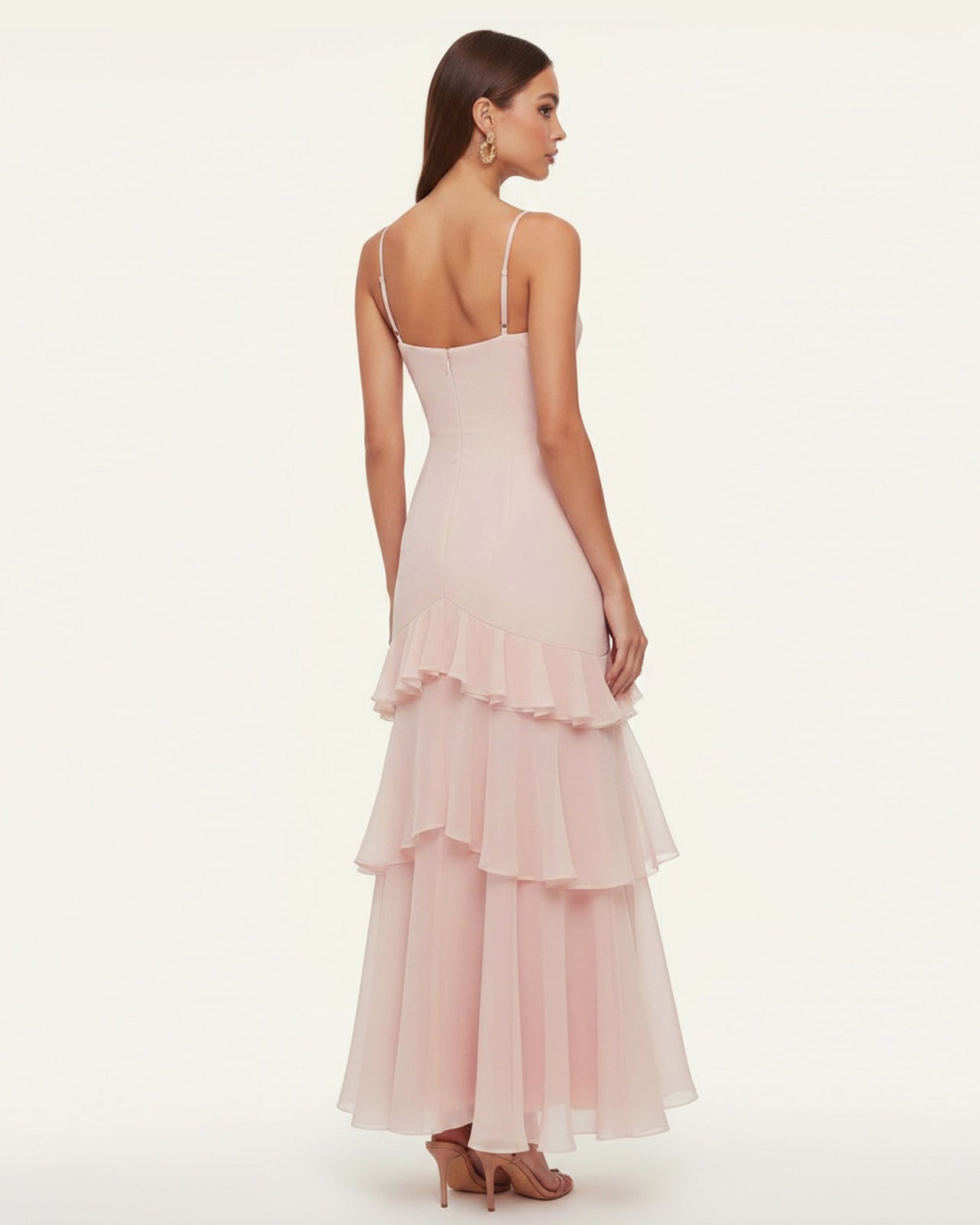 蘭花刺繡荷葉邊單肩長洋裝 - 腮紅粉