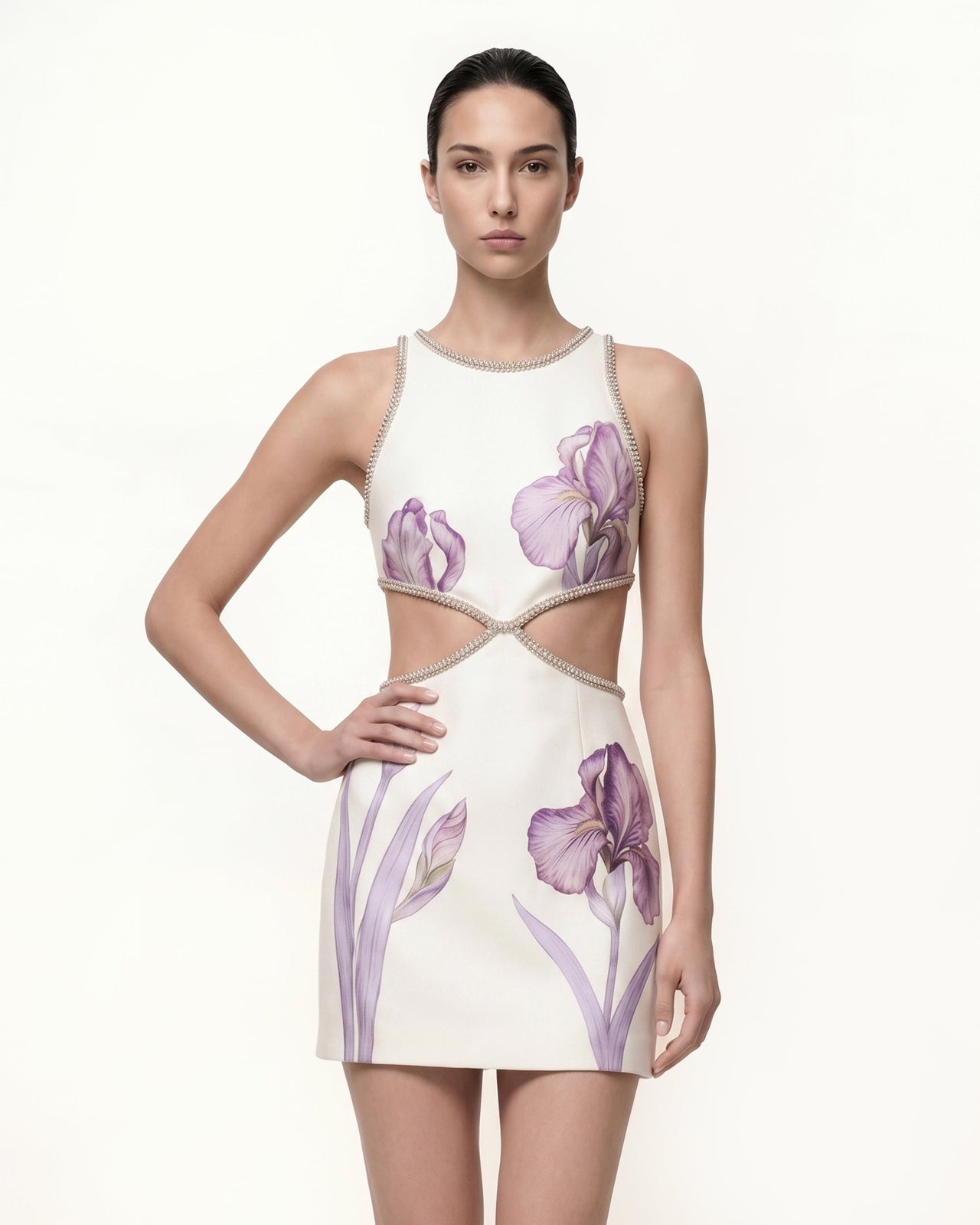 Floral 釘珠飾邊迷你洋裝 - 白色