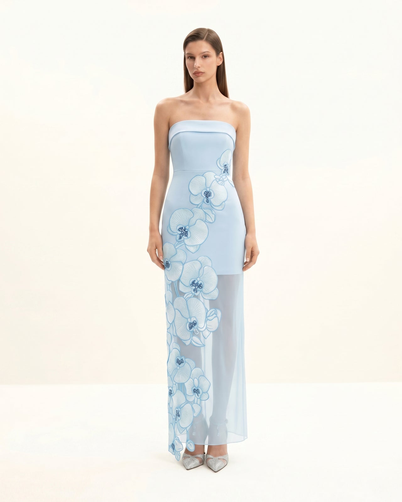 蘭花刺繡洋裝 - 淺藍色