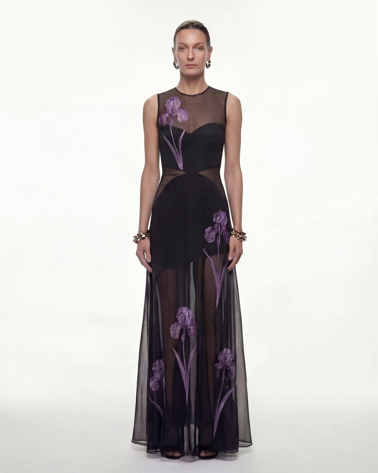 透膚花卉印花拼接長洋裝 - 黑色