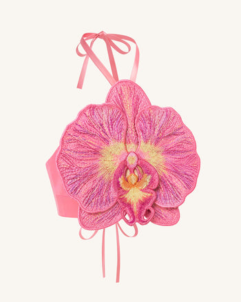 立體兰花挂脖短款上衣 - 粉色