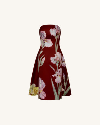 Iris 花卉印花平口 A 字連身裙 - 酒紅色