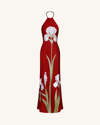 Iris 花卉印花繞頸長洋裝 - 紅寶石色