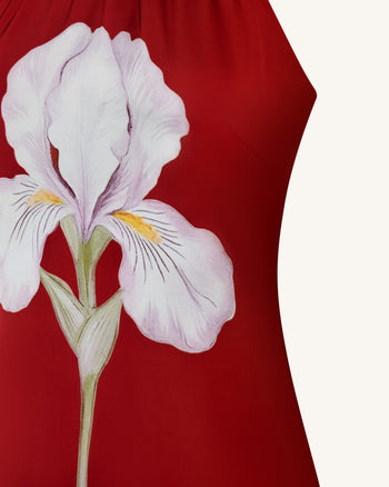Iris 花卉印花繞頸長洋裝 - 紅寶石色