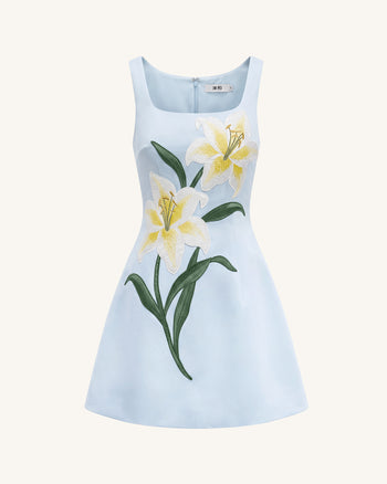 百合花印花無袖A字短洋裝 - 淺藍色