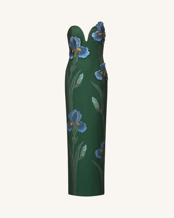 Iris 刺繡缺口領平口長洋裝 - 翡翠綠