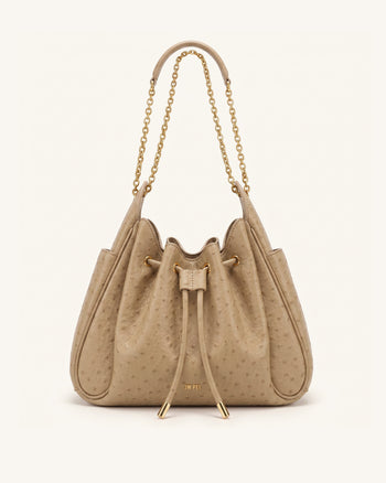 Rowan 仿鴕鳥紋褶皺抽繩鏈條水桶包 - 橡木棕