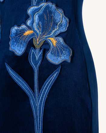 鳶尾花刺繡絲絨單肩長洋裝 - 海軍藍