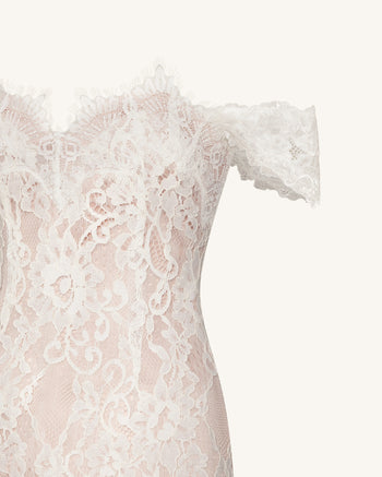 蕾絲露肩迷你洋裝 - 白色