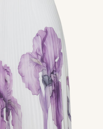 Iris 印花鑲珠領掛脖壓褶長洋裝 - 白色/紫色