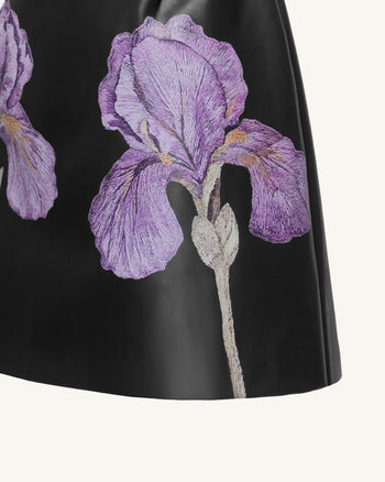 Iris 花卉印花單肩皮革迷你洋裝 - 黑色