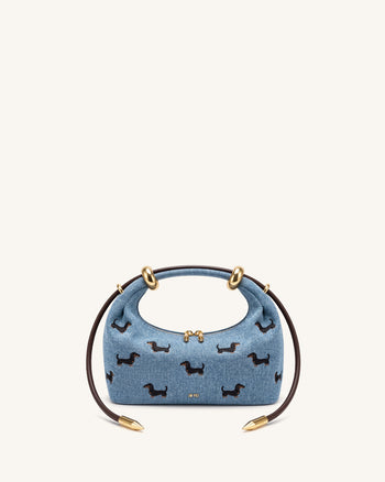 Ellie 刺繡金屬環裝飾手提包 - 復古藍丹寧