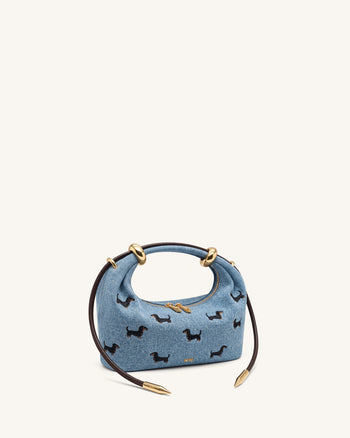 Ellie 刺繡金屬環裝飾手提包 - 復古藍丹寧