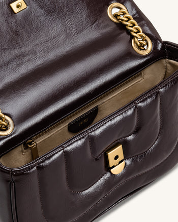 Tina 菱格鍊條斜背包 - 深紅棕色