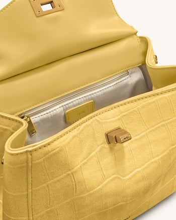 Lucia 經典鱷魚壓紋仿麂皮手提包 - 黃色