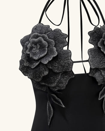 Flower 刺繡迷你洋裝 - 黑色
