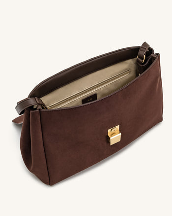 Hilary 仿麂皮肩背包 - 深棕色