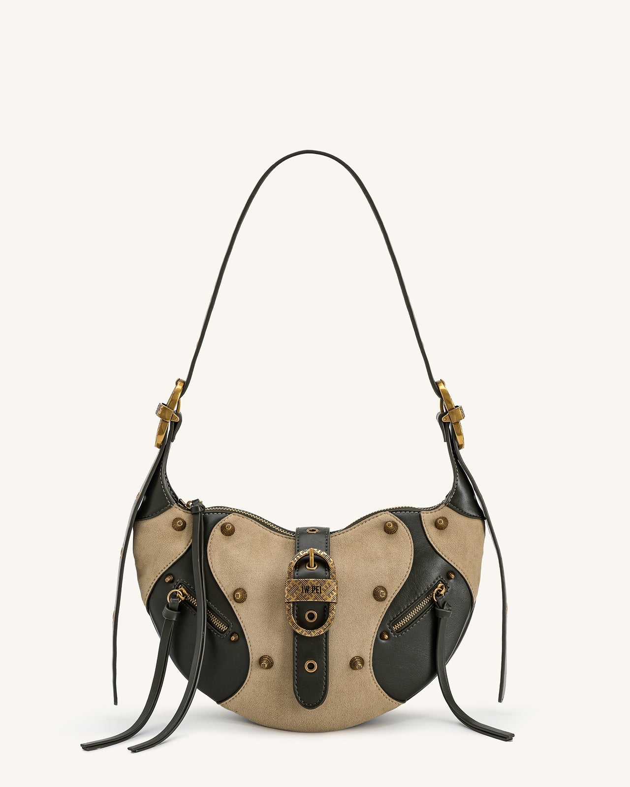 Tessa 仿麂皮鉚釘肩背包 - 卡其綠色