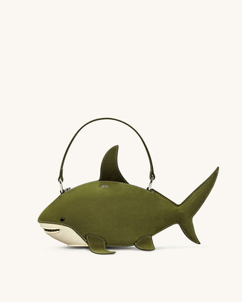 Nerys 深橄欖綠仿麂皮鯊魚造型手提包