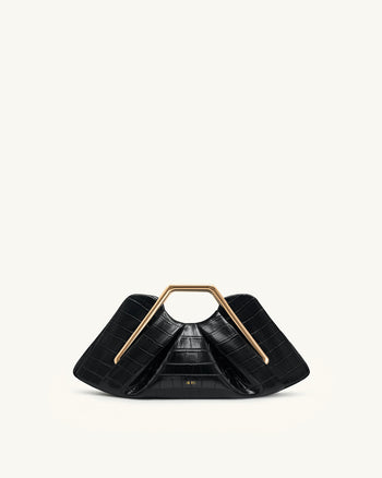 Lila 仿鱷魚紋金屬框手拿包 - 黑色