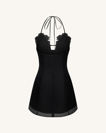 Flower 刺繡迷你洋裝 - 黑色