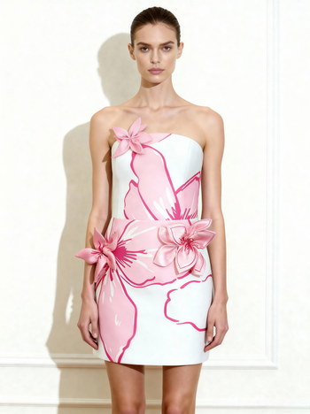 粉色花卉貼花迷你洋裝 - 白色/粉色