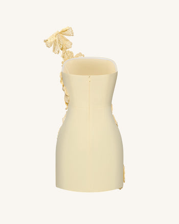 鉤花花卉貼花迷你洋裝 - 黃色