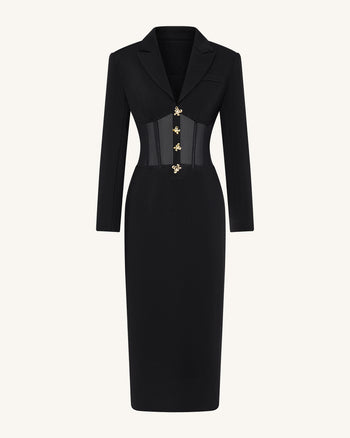 透膚束腰馬甲西裝式長洋裝 - 黑色