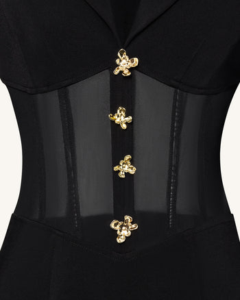 透膚束腰馬甲西裝式長洋裝 - 黑色