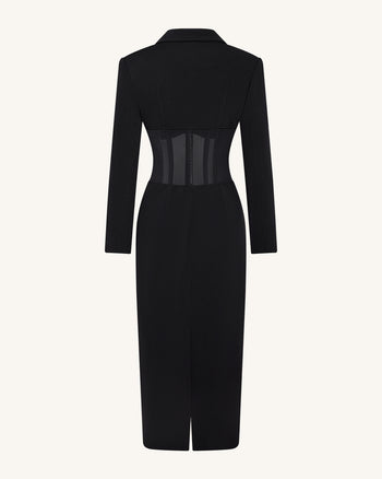 透膚束腰馬甲西裝式長洋裝 - 黑色