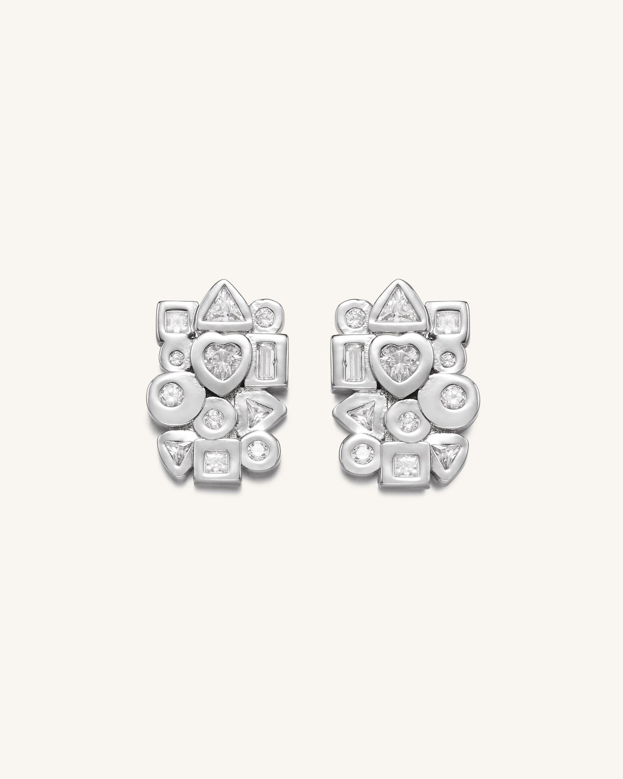 幾何組合耳環 - 18ct 鍍白金 & 白色鋯石