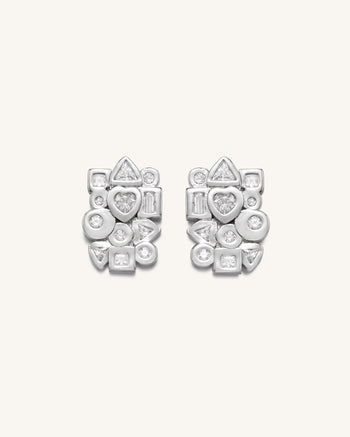 幾何組合耳環 - 18ct 鍍白金 & 白色鋯石