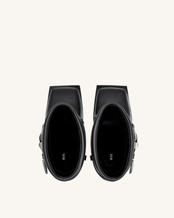 Emilia 西部風扣帶皮革細跟高跟靴 - 黑色