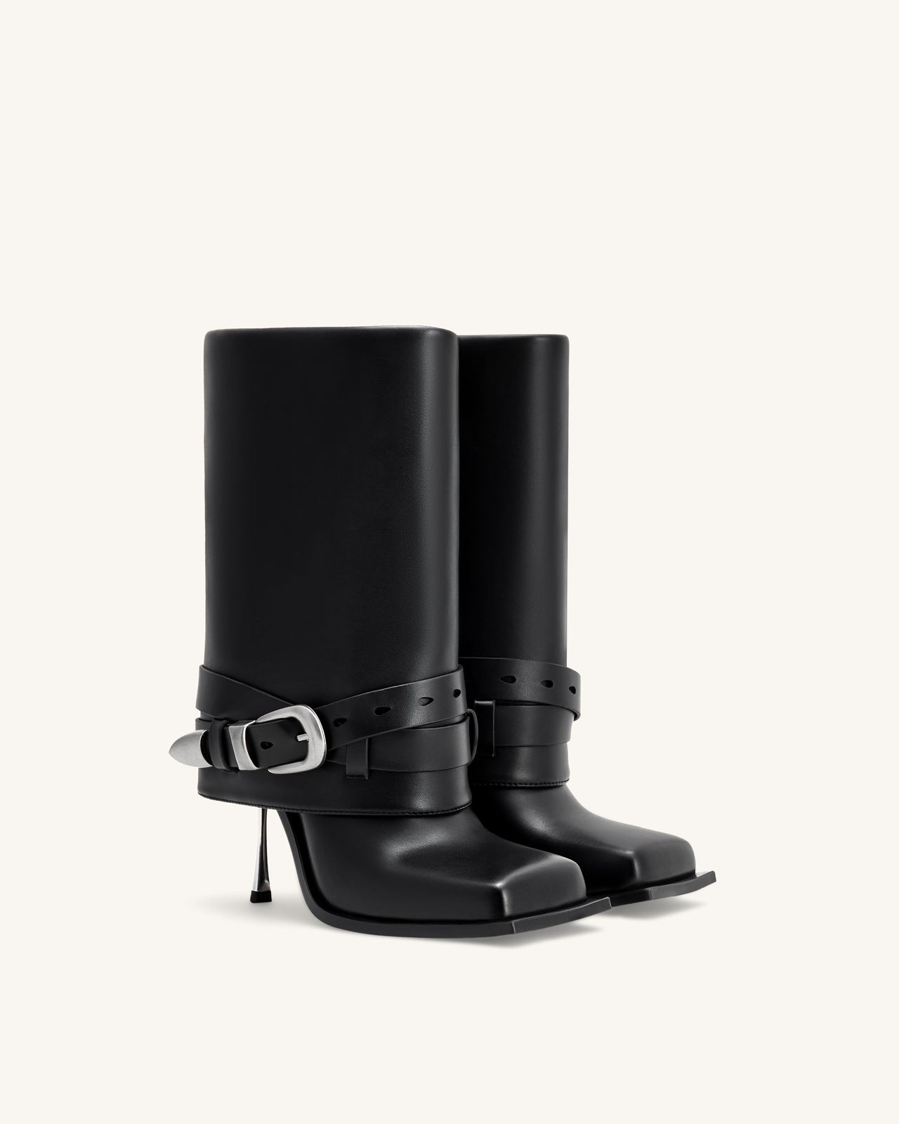 Emilia 西部風扣帶皮革細跟高跟靴 - 黑色