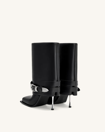 Emilia 西部風扣帶皮革細跟高跟靴 - 黑色