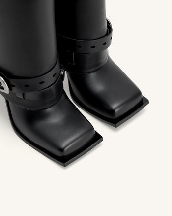 Emilia 西部風扣帶皮革細跟高跟靴 - 黑色