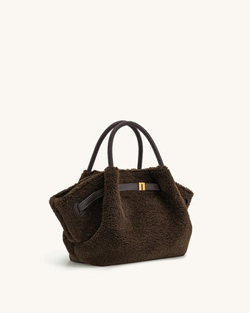 Hana 迷你仿毛皮托特包 - 深棕色