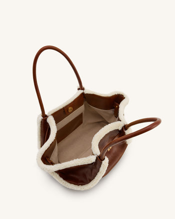 Hana 中型仿羔羊毛滾邊托特包－棕色