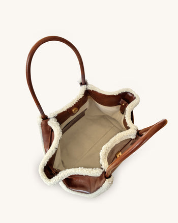 Hana 中型仿羔羊毛滾邊托特包－棕色