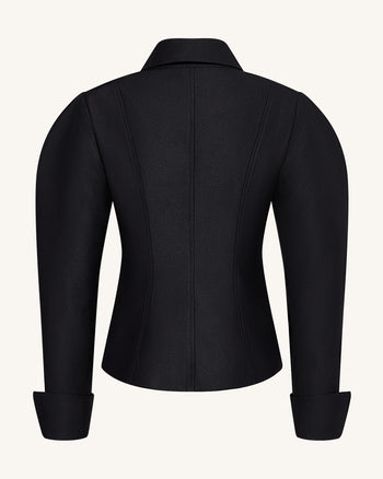 波浪邊門襟羊腿袖西裝外套 - 黑色